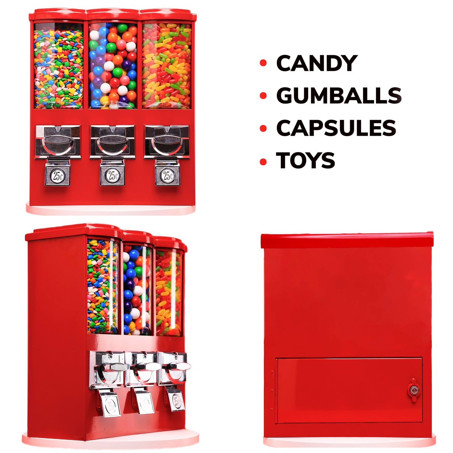 Vending Machine - Commercial Gumball and Candy Machine with Stand and Refill in Bundle - Red Triple Vending Machine with Removable Canisters - Coin Operated Candy Dispenser and Gumball Machine