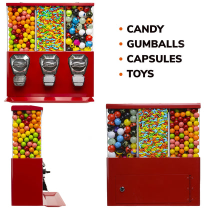 Vending Machine - Commercial Gumball and Candy Machine with Stand - Red Triple Vending Machine with Interchangeable Canisters - Coin Operated Candy Dispenser and Gumball Machine - Vending Dispenser