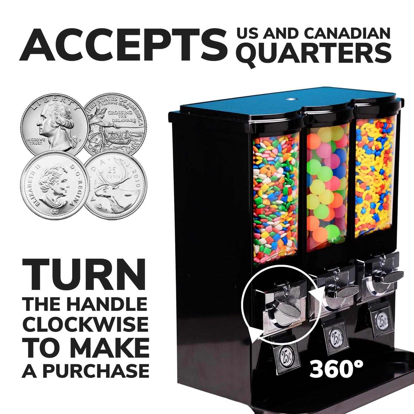 Vending Machine - Commercial Gumball and Candy Machine with Stand - Triple Vending Machine with Removable Canisters - Coin Operated Candy Dispenser and Gumball Machine - Vending Dispenser - Black