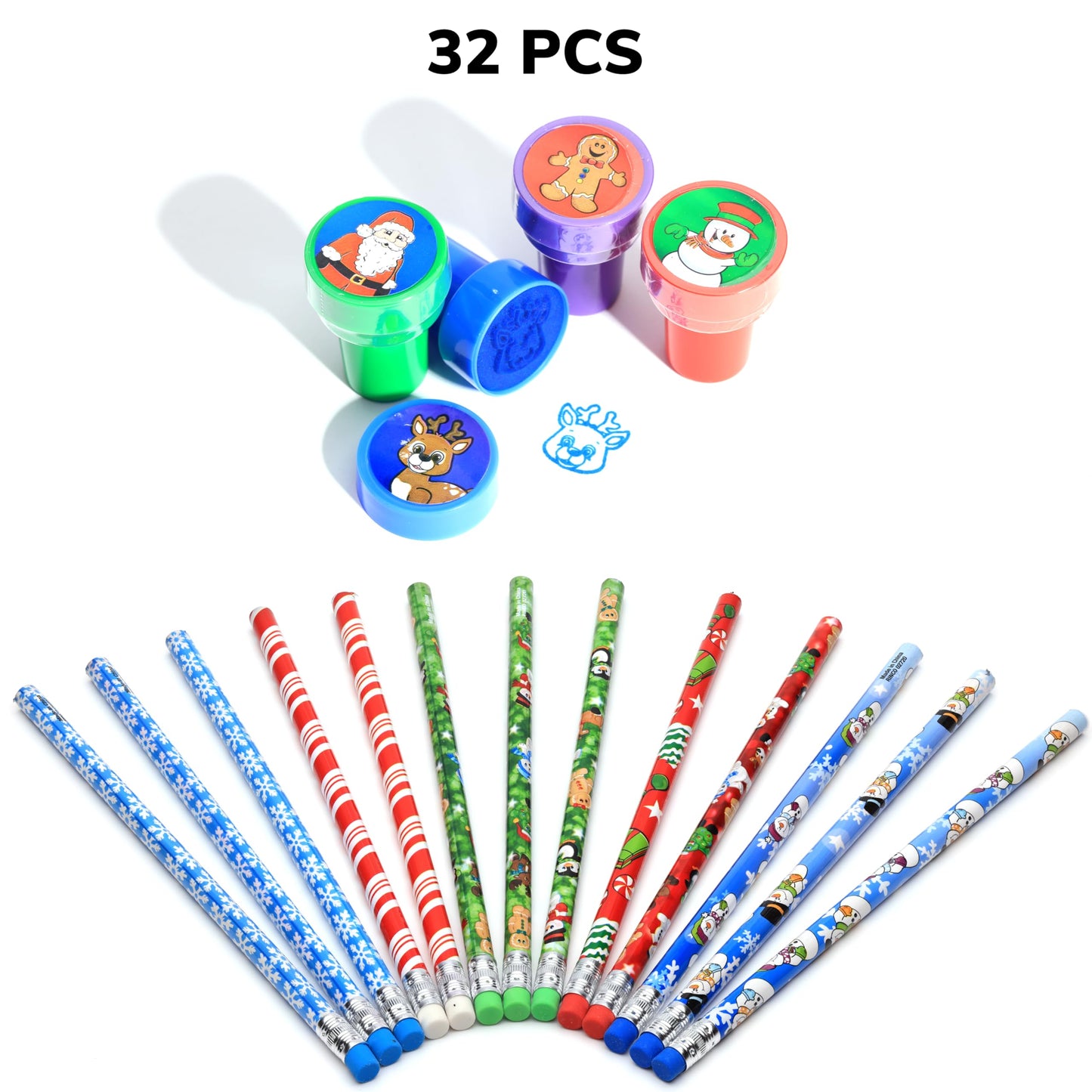 32 PCS Christmas Stocking Stuffers, Stamps and Holiday Pencils Set for Christmas Classroom Prizes, Goody small Christmas toys for goodie bags