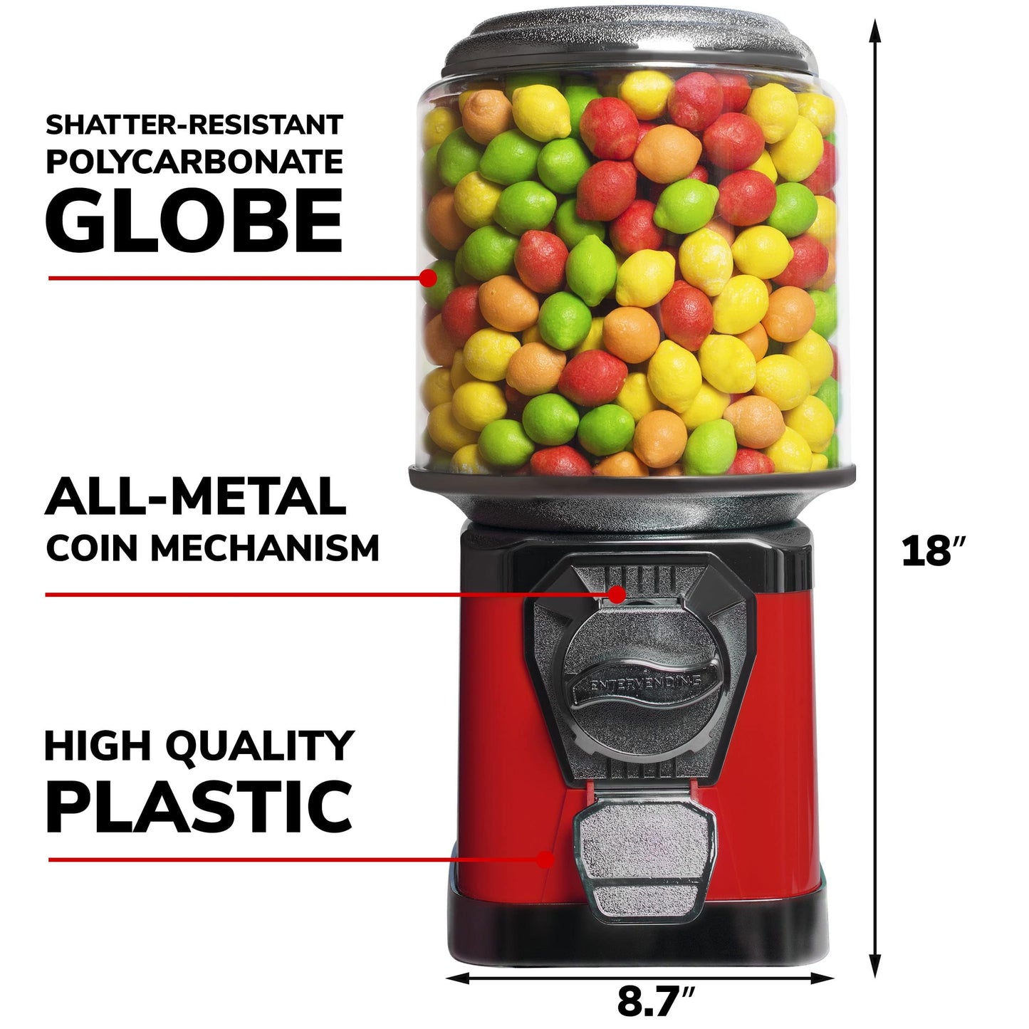 Vending Machine with Metal Stand & Cylinder Globe - Bubble Gum Red Vending Machine and Black Metal Stand Bundle - Coin Gumball Machine