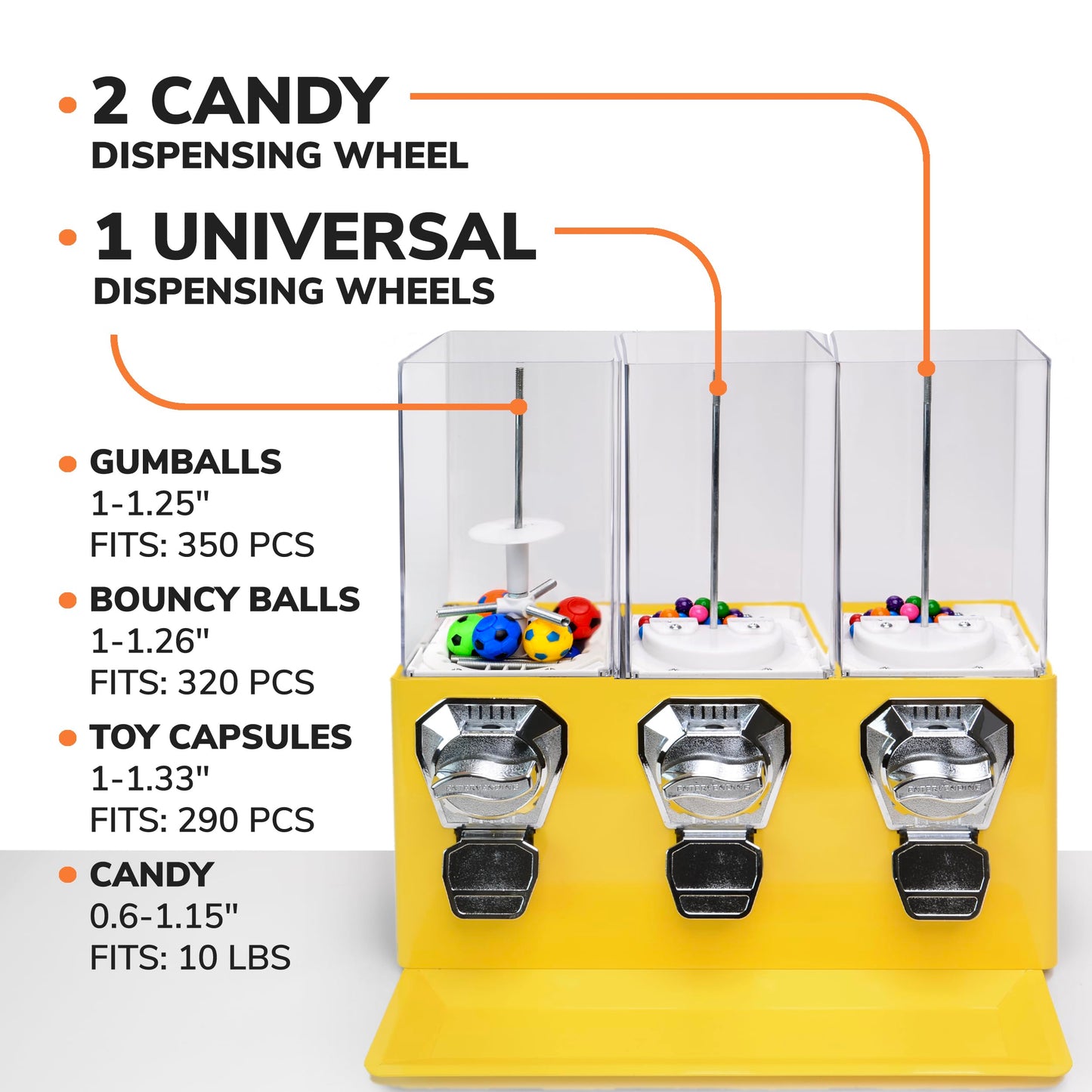 Vending Machine - Commercial Gumball and Candy Machine with Stand - Yellow Triple Vending Machine with Interchangeable Canisters - Coin Operated Candy Dispenser and Gumball Machine - Vending Dispenser