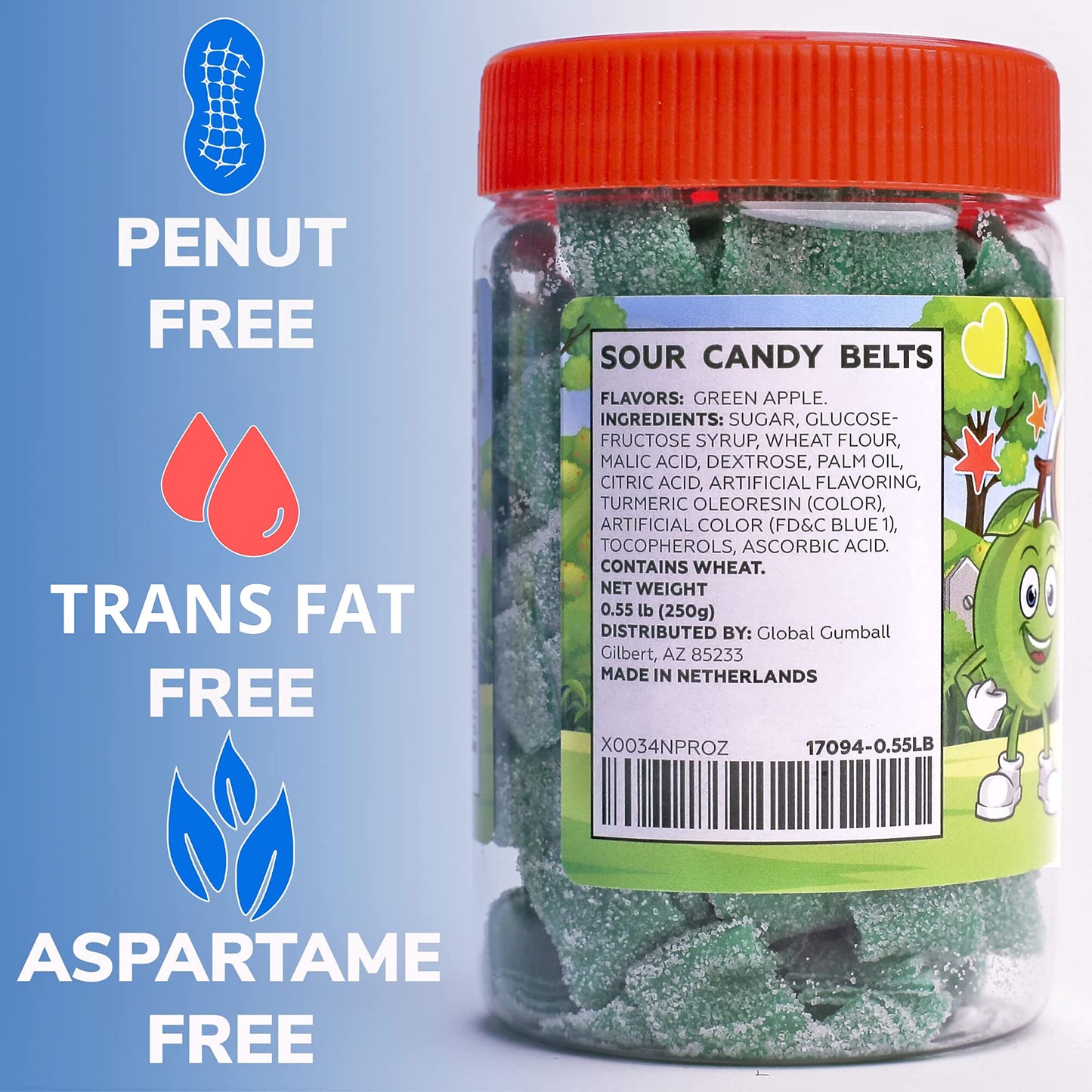 Sour Belts Candy - Candy Sour Strips - 0.55 Lb Jar of Sour Strips Candy - Sour Rainbow Belts- Peanut Free - Great as Movie Theater Candy for Kids