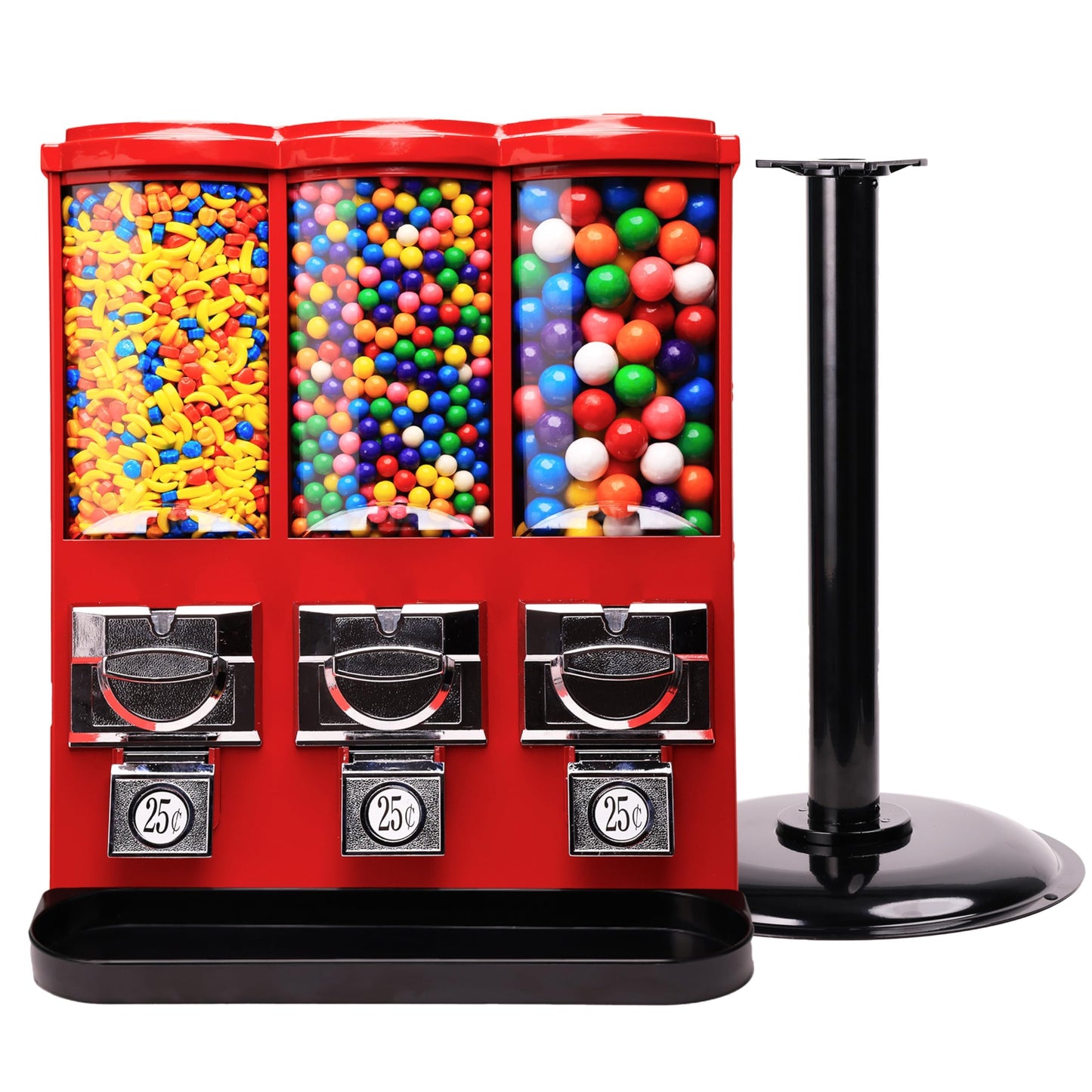 Vending Machine - Commercial Gumball and Candy Machine with Stand and Refill in Bundle - Red Triple Vending Machine with Removable Canisters - Coin Operated Candy Dispenser and Gumball Machine