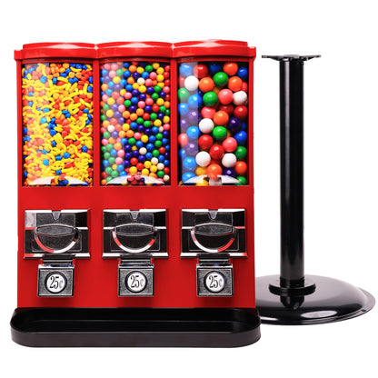 Commercial Gumball and Candy Machine with Stand - Triple Vending Machine with Removable Canisters - Coin Operated Candy DispenserRed