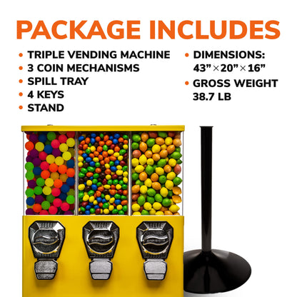 Vending Machine - Commercial Gumball and Candy Machine with Stand - Yellow Triple Vending Machine with Interchangeable Canisters - Coin Operated Candy Dispenser and Gumball Machine - Vending Dispenser