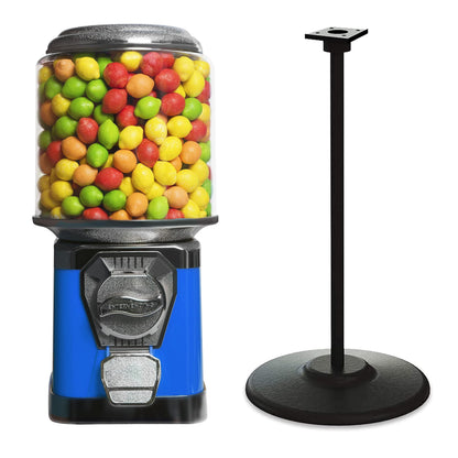 Vending Machine with Metal Stand & Cylinder Globe - Bubble Gum Blue Vending Machine and Black Metal Stand Bundle - Coin Gumball Machine