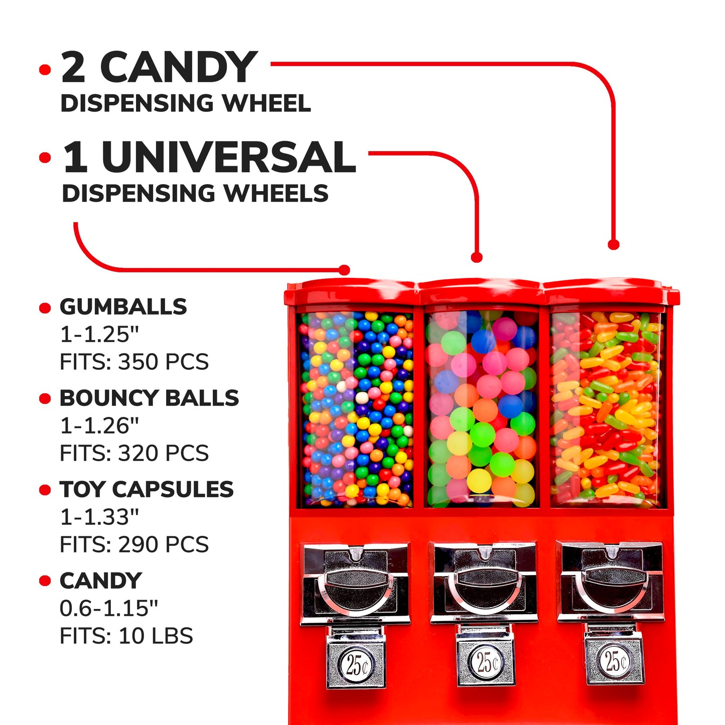 Vending Machine - Commercial Gumball and Candy Machine with Stand and Refill in Bundle - Red Triple Vending Machine with Removable Canisters - Coin Operated Candy Dispenser and Gumball Machine