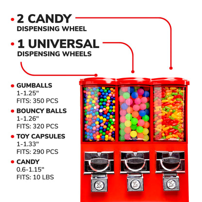 Commercial Gumball and Candy Machine with Stand - Triple Vending Machine with Removable Canisters - Coin Operated Candy DispenserRed