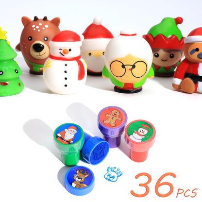 Christmas Stocking Stuffers 36 PCS Small Christmas Toys for Goodie Bags, Assorted Characters Rubber Toys and Stampers for Christmas Classroom Prizes