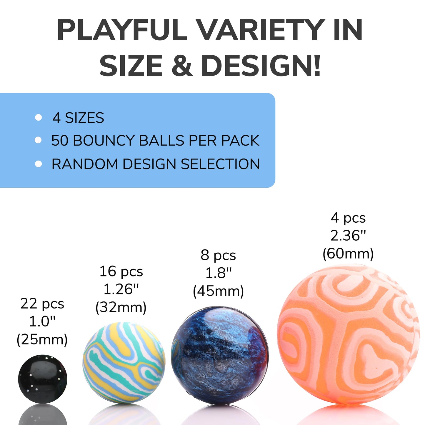 Bouncy Balls - 12 Bouncing Balls Assorted Pack - 3 Sizes: 45mm, 32mm and 25mm - Mini Bouncy Balls for Kids