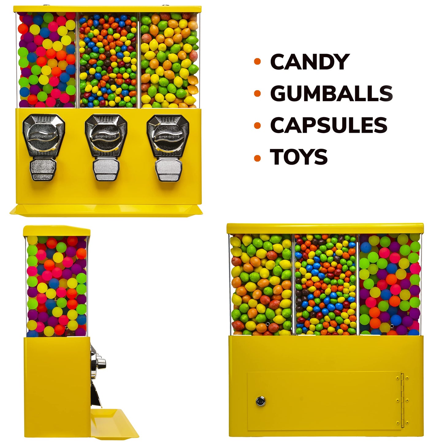 Vending Machine - Commercial Gumball and Candy Machine with Stand - Yellow Triple Vending Machine with Interchangeable Canisters - Coin Operated Candy Dispenser and Gumball Machine - Vending Dispenser