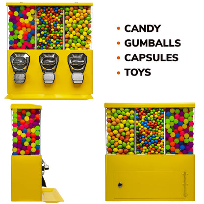 Vending Machine - Commercial Gumball and Candy Machine with Stand - Yellow Triple Vending Machine with Interchangeable Canisters - Coin Operated Candy Dispenser and Gumball Machine - Vending Dispenser