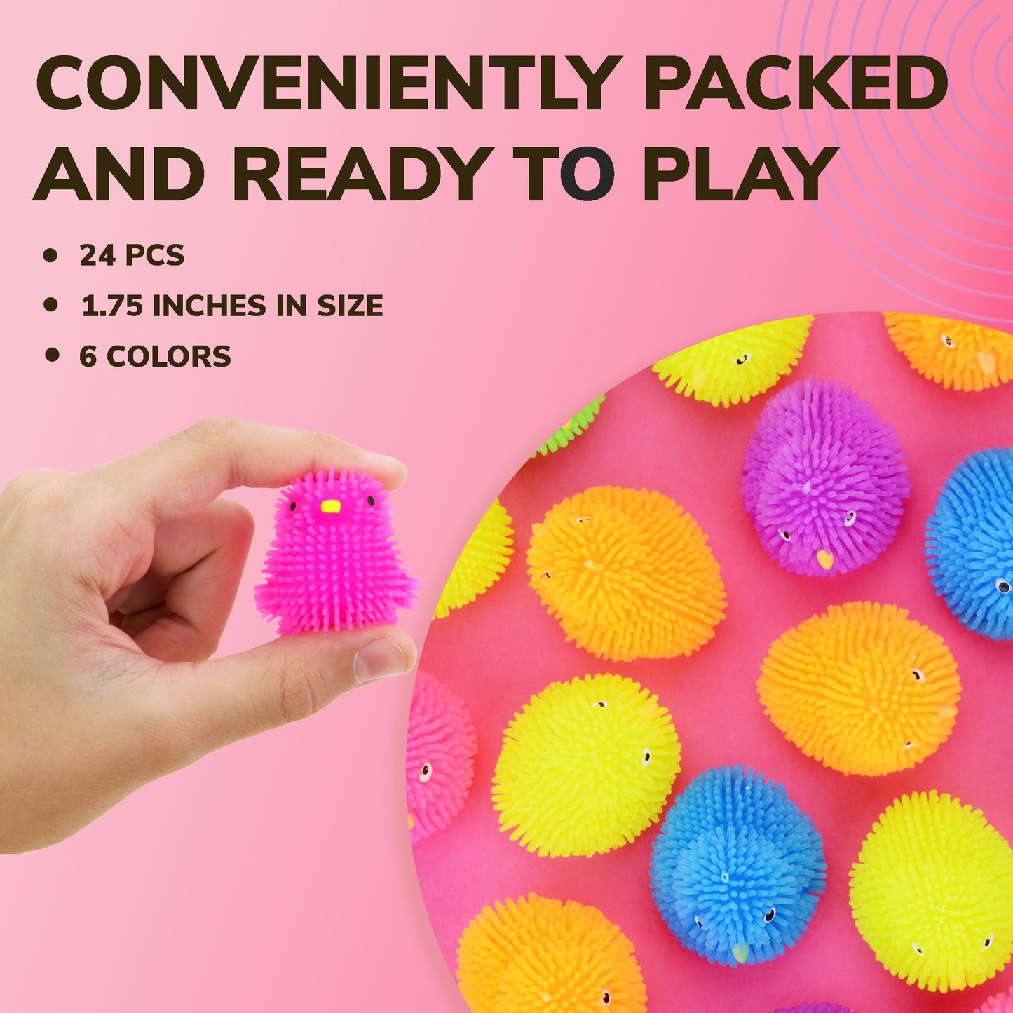 Puffer Balls for Kids - Chiken Puffer Toys for Kids 1.75 Inch - Easter Egg Fillers - Puffer Animals 24 Pcs - Spiky Balls