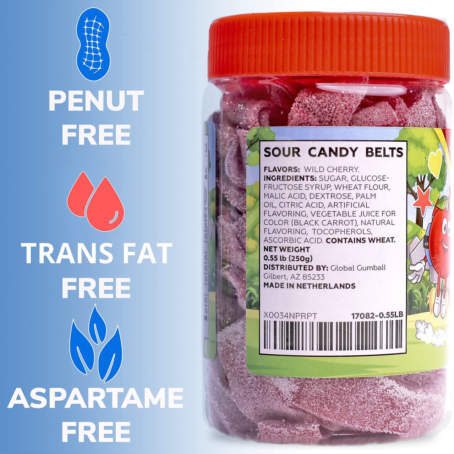 Sour Belts Candy - Candy Sour Strips - 0.55 Lb Jar of Sour Strips Candy - Sour Rainbow Belts- Peanut Free - Great as Movie Theater Candy for Kids