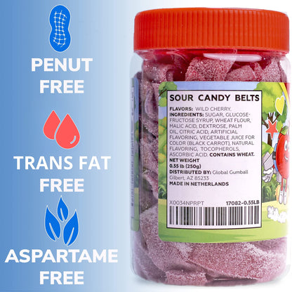 Sour Belts Candy - Candy Sour Strips - 0.55 Lb Jar of Sour Strips Candy - Sour Rainbow Belts- Peanut Free - Great as Movie Theater Candy for Kids