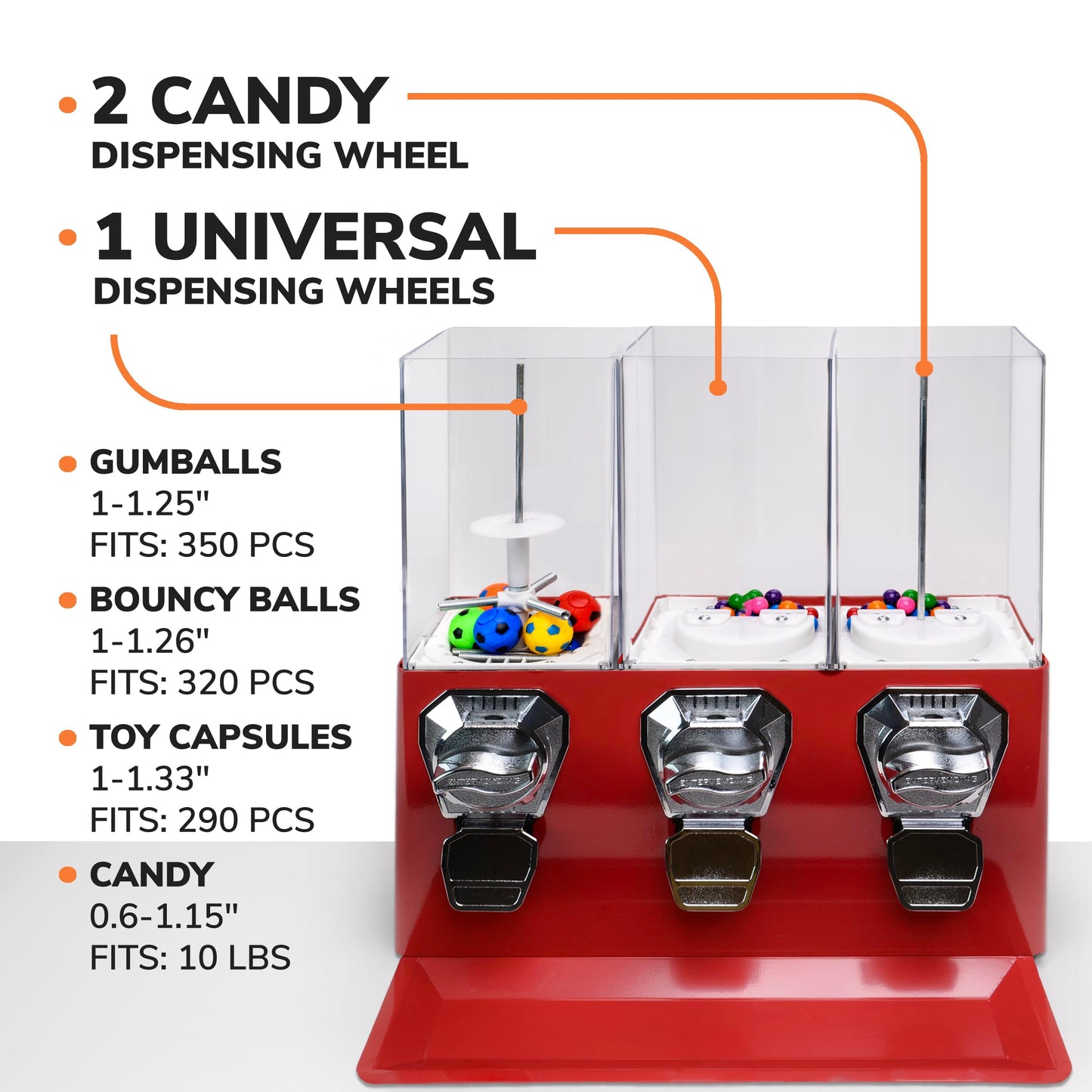 Vending Machine - Commercial Gumball and Candy Machine with Stand - Red Triple Vending Machine with Interchangeable Canisters - Coin Operated Candy Dispenser and Gumball Machine - Vending Dispenser