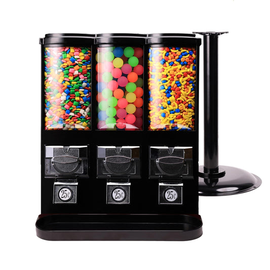 Vending Machine - Commercial Gumball and Candy Machine with Stand and Refill in Bundle - Black Triple Vending Machine with Removable Canisters - Coin Operated Candy Dispenser and Gumball Machine