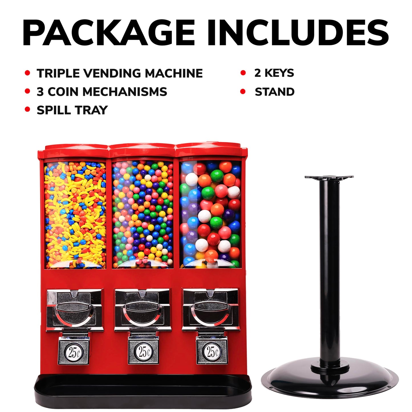 Commercial Gumball and Candy Machine with Stand - Triple Vending Machine with Removable Canisters - Coin Operated Candy DispenserRed