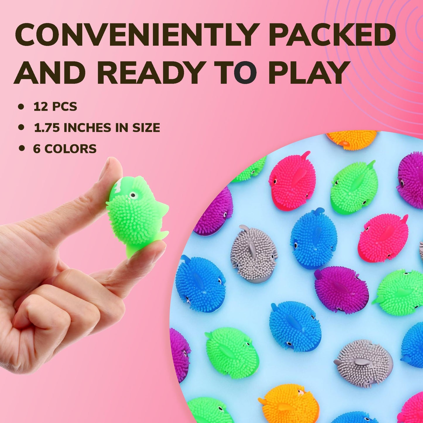 1.75 inch Puffer Toy - Stress Relief Toy, Squishy Fidget Toys - 6 Colors - Tiny Shark Toys for Kids - Teacher Treasure Classroom Prizes