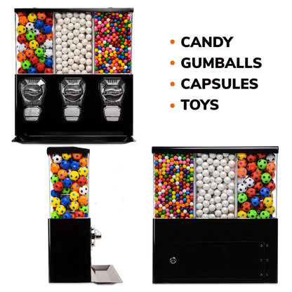 Vending Machine - Commercial Gumball and Candy Machine with Stand - Black Triple Vending Machine with Interchangeable Canisters - Coin Operated Candy Dispenser and Gumball Machine - Vending Dispenser