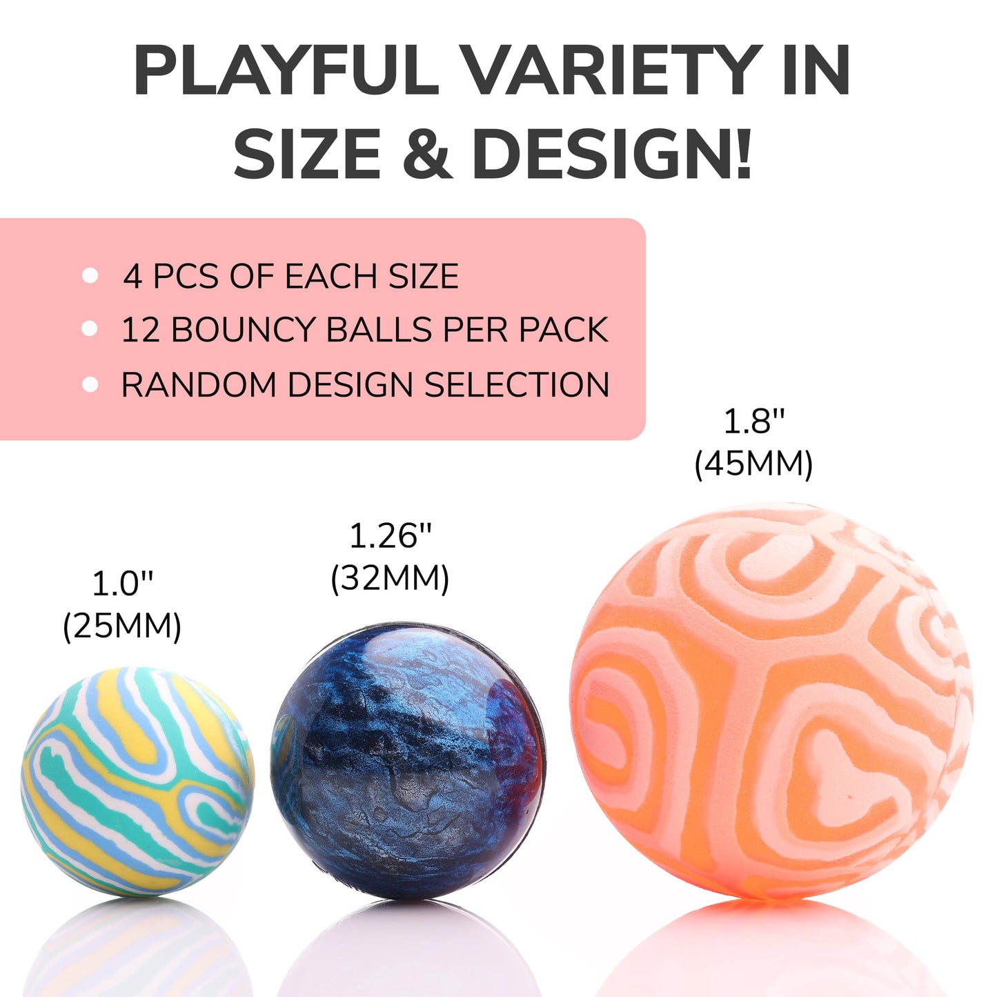 Bouncy Balls - 12 Bouncing Balls Assorted Pack - 3 Sizes: 45mm, 32mm and 25mm - Mini Bouncy Balls for Kids