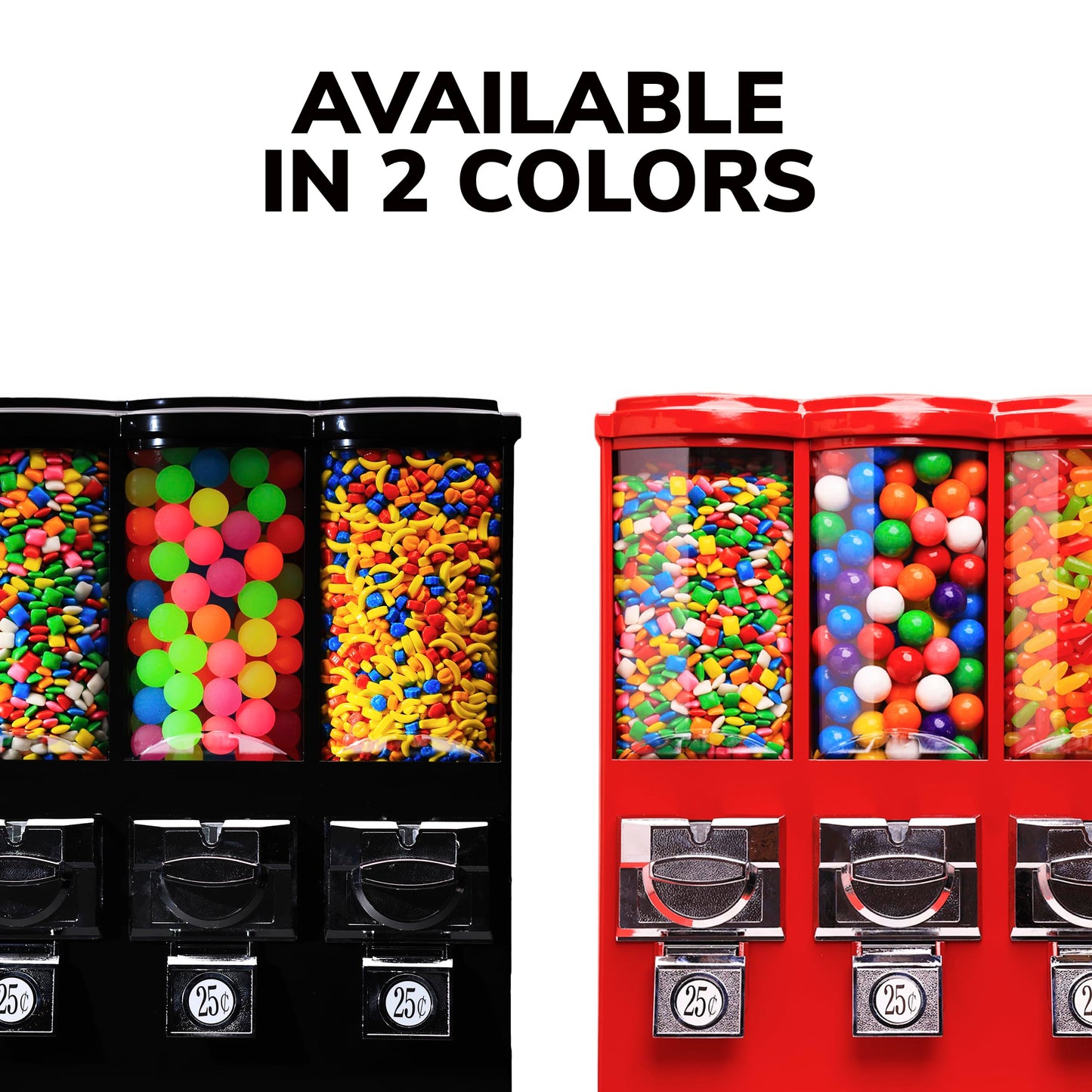 Vending Machine - Commercial Gumball and Candy Machine with Stand and Refill in Bundle - Red Triple Vending Machine with Removable Canisters - Coin Operated Candy Dispenser and Gumball Machine