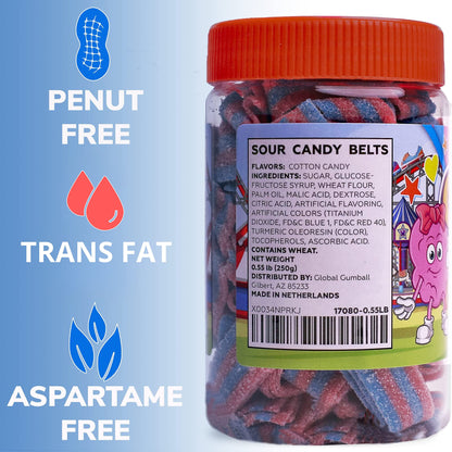 Sour Belts Candy - Candy Sour Strips - 0.55 Lb Jar of Sour Strips Candy - Sour Rainbow Belts- Peanut Free - Great as Movie Theater Candy for Kids