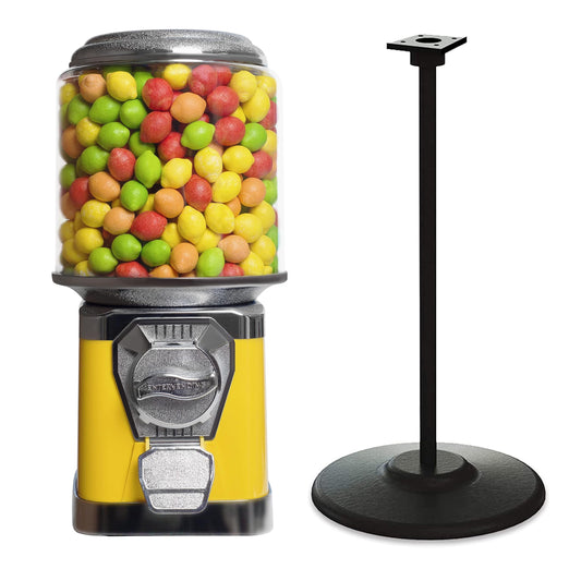 Vending Machine with Metal Stand & Cylinder Globe - Bubble Gum Yellow Vending Machine and Black Metal Stand Bundle - Coin Gumball Machine