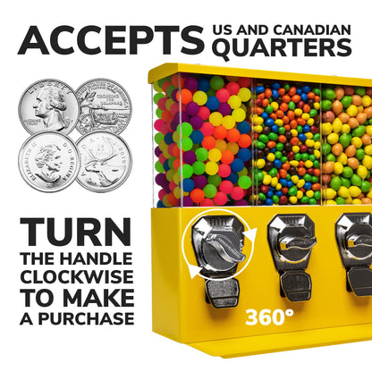 Vending Machine - Commercial Gumball and Candy Machine with Stand - Yellow Triple Vending Machine with Interchangeable Canisters - Coin Operated Candy Dispenser and Gumball Machine - Vending Dispenser