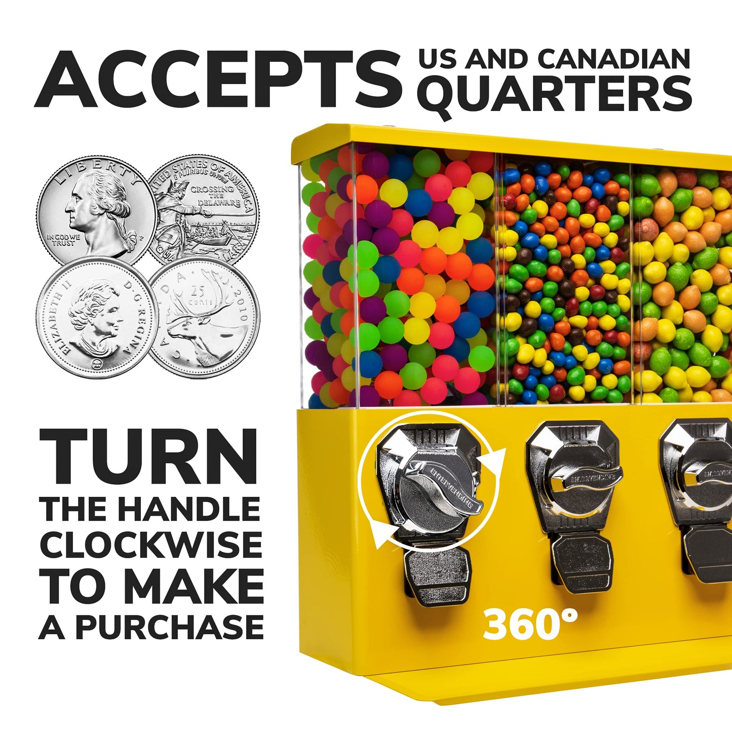 Vending Machine - Commercial Gumball and Candy Machine with Stand - Yellow Triple Vending Machine with Interchangeable Canisters - Coin Operated Candy Dispenser and Gumball Machine - Vending Dispenser