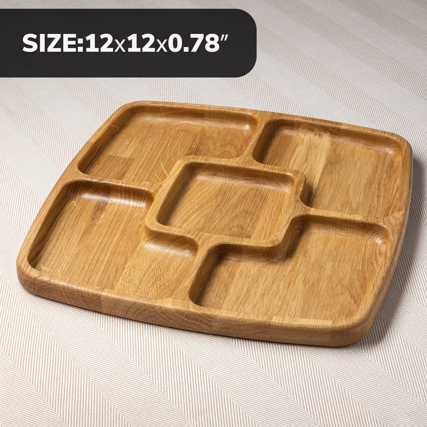 Square Portion Control Plate 12 Inch - Compartment Plates with Dividers for Adults 5 Section Dish - Wooden Plate with Dividers for Adults