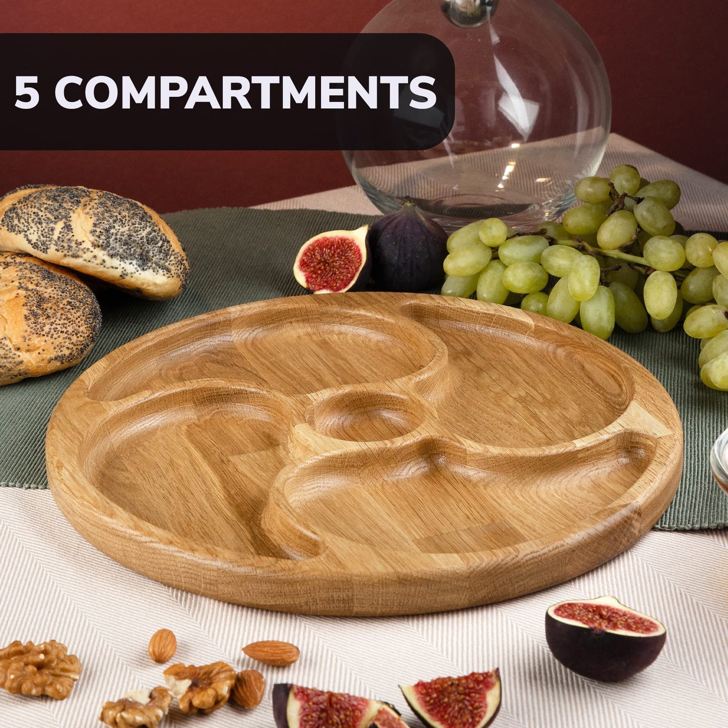 Portion Control Plate 11 inch - Compartment Plates with Dividers for Adults 5 Section Dish - Wooden Plate with Dividers for Adults