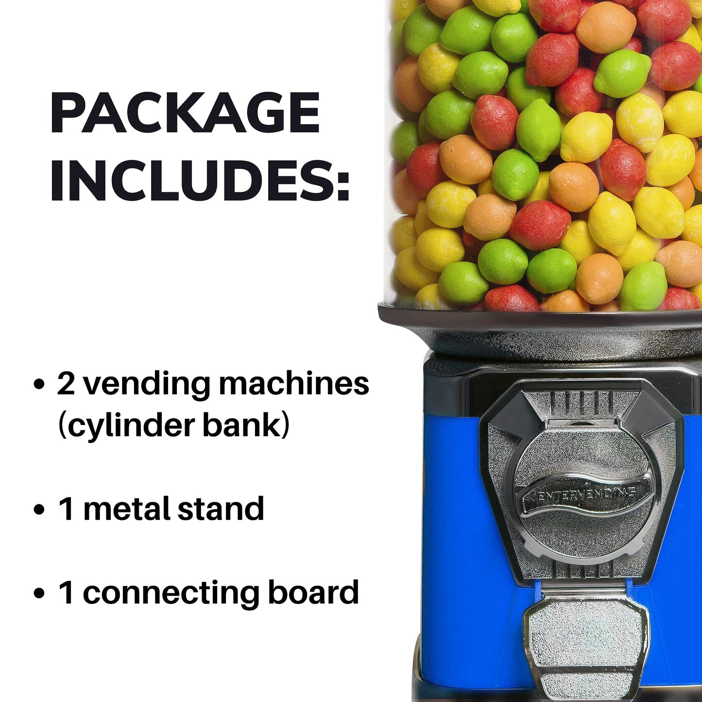 2 Vending Machines with Stand & Connecting Board Bundle - Bubble Gum Blue Vending Machine and Black Metal Stand Bundle - Coin Gumball Machine