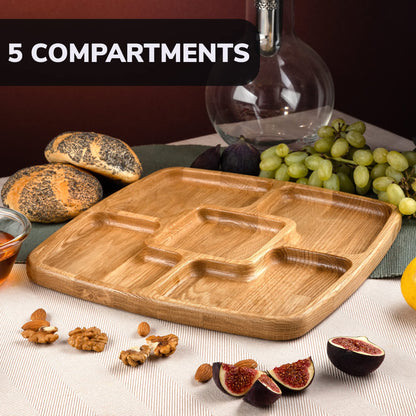 Square Portion Control Plate 12 Inch - Compartment Plates with Dividers for Adults 5 Section Dish - Wooden Plate with Dividers for Adults