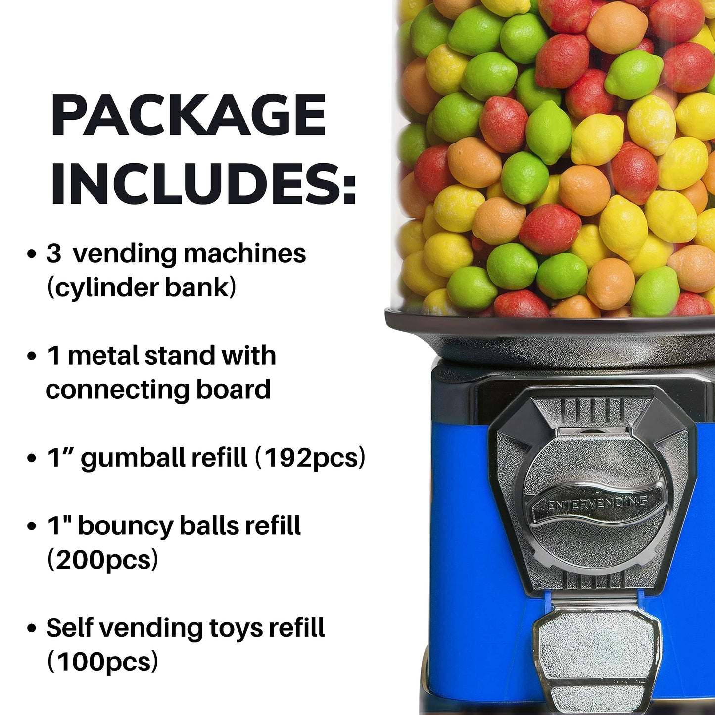 Gumball Machine with Stand - 3 Vending Machines Bundled with Refill - 3.4LB Bag of 1'' Gumballs, 1'' Bouncy Balls and Selfevending Toys