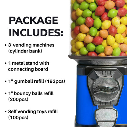 Gumball Machine with Stand - 3 Vending Machines Bundled with Refill - 3.4LB Bag of 1'' Gumballs, 1'' Bouncy Balls and Selfevending Toys