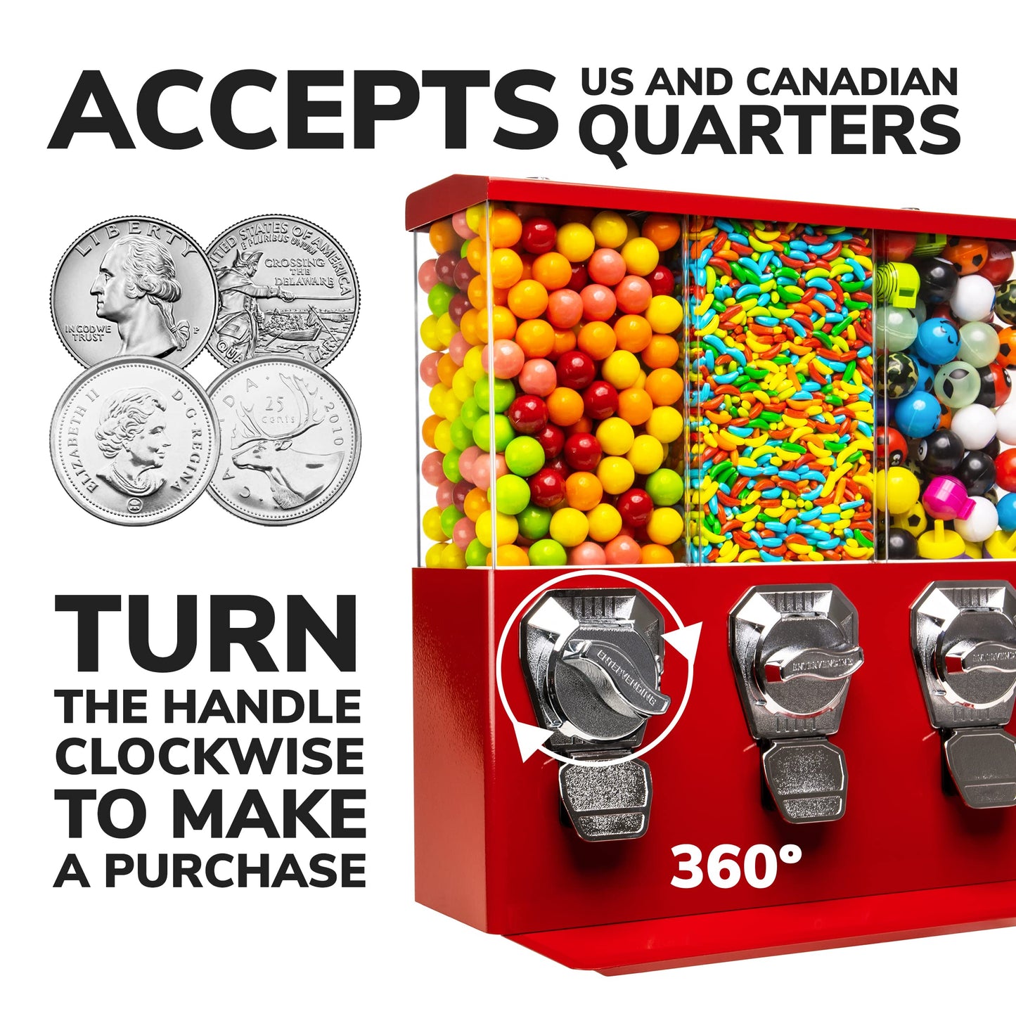 Vending Machine - Commercial Gumball and Candy Machine with Stand - Red Triple Vending Machine with Interchangeable Canisters - Coin Operated Candy Dispenser and Gumball Machine - Vending Dispenser