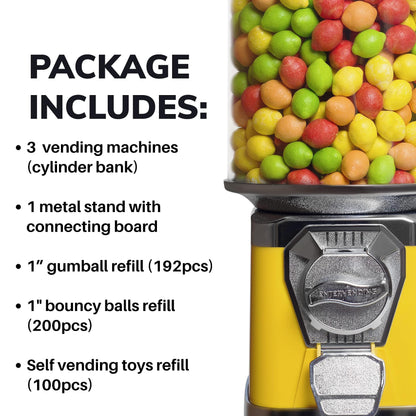 Gumball Machine with Stand - 3 Vending Machines Bundled with Refill - 3.4LB Bag of 1'' Gumballs, 1'' Bouncy Balls 200 pcs and Selfevending Toys