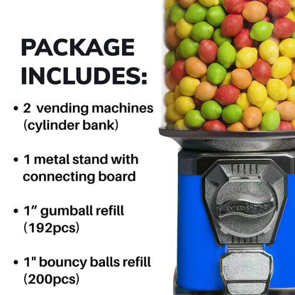 2 Blue Vending Machines Bundled with Refill - 3.4LB of 1? Gumballs Bag, 1? Bouncy Balls 200 pcs - Cylinder Bank Bubble Gum Machine for Kids