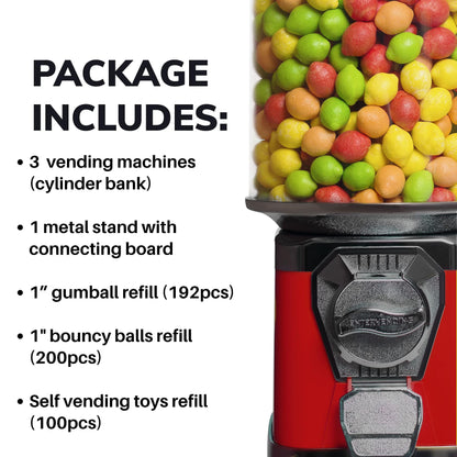 Gumball Machine with Stand - 3 Red Vending Machines Bundled with Refill - 3.4LB Bag of 1'' Gumballs, 1'' Bouncy Balls and Selfevending Toys