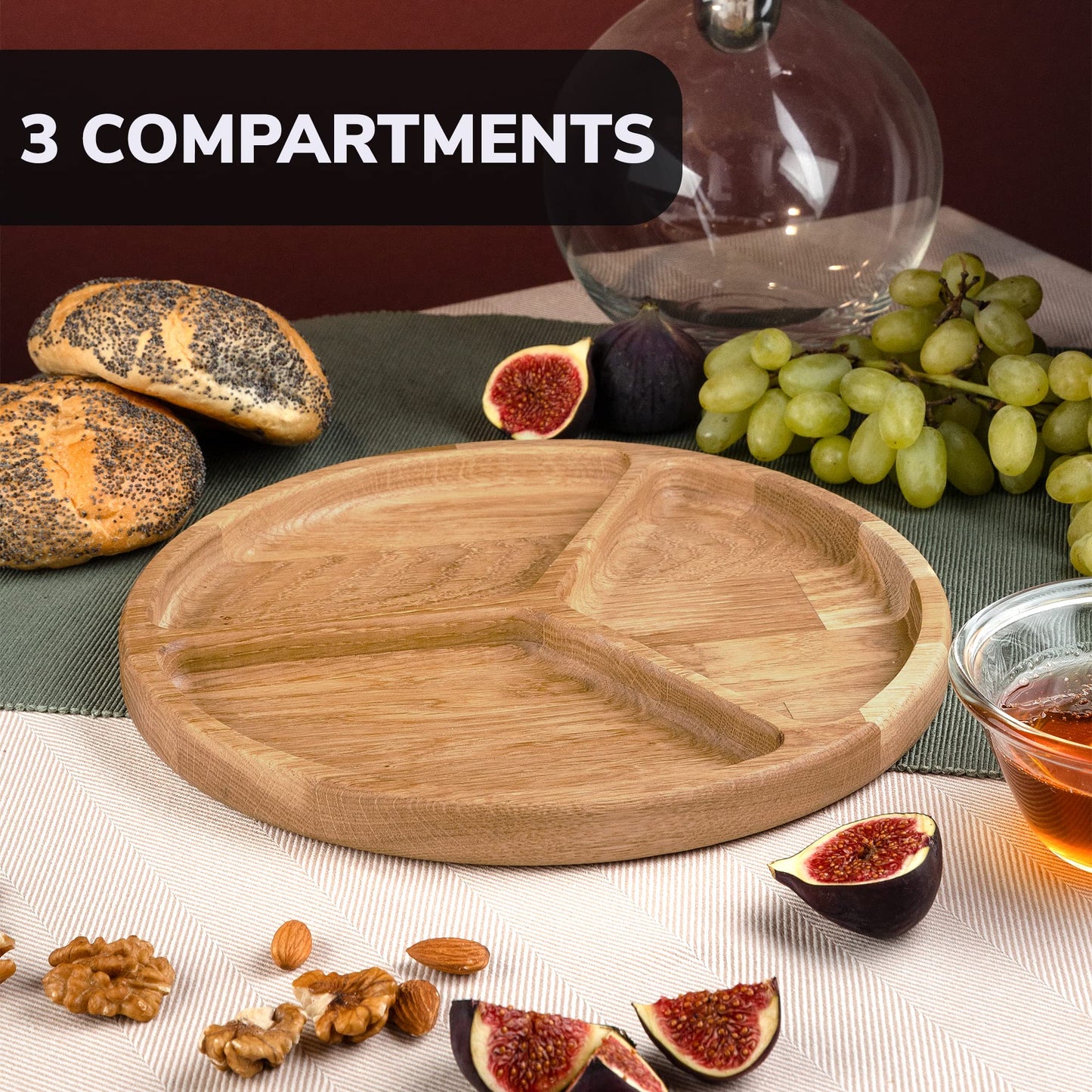 Portion Control Plate 10 inch - Compartment Plates with Dividers for Adults 3 Section Dish - Wooden Plate with Dividers for Adults