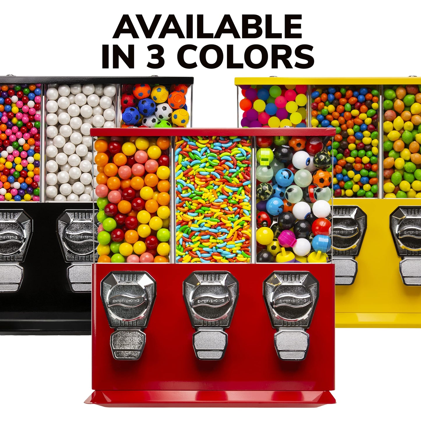 Vending Machine - Commercial Gumball and Candy Machine with Stand - Red Triple Vending Machine with Interchangeable Canisters - Coin Operated Candy Dispenser and Gumball Machine - Vending Dispenser