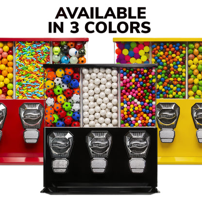 Vending Machine - Commercial Gumball and Candy Machine with Stand - Black Triple Vending Machine with Interchangeable Canisters - Coin Operated Candy Dispenser and Gumball Machine - Vending Dispenser