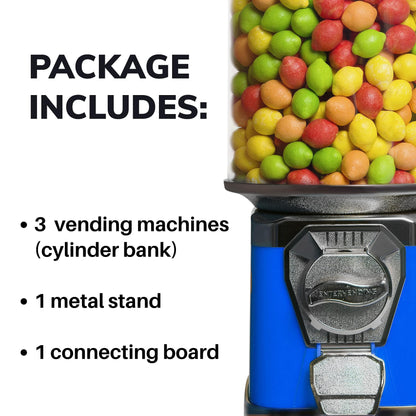 3 Vending Machines with Metal Stand & Connecting Board Bundle - Bubble Gum Blue Vending Machine and Black Metal Stand Bundle - Coin Gumball Machine