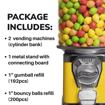 Gumball Machine with Stand - 2 Vending Machines Bundled with Refill - 3.4LB of 1'' Gumballs Bag, 1'' Bouncy Balls 200 pcs  - Value Bundle