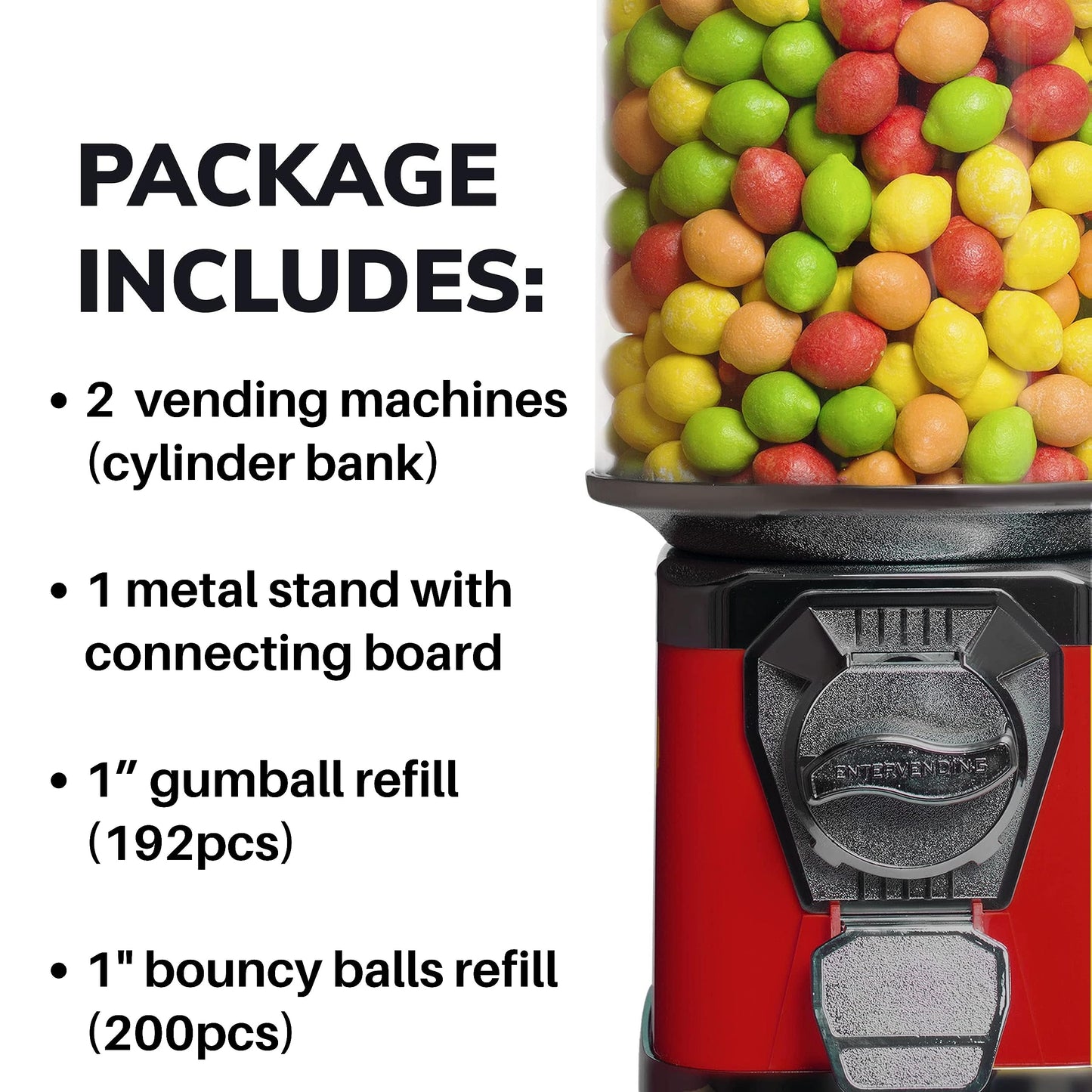 Gumball Machine with Stand - 2 Red Vending Machines Bundled with Refill - 3.4LB of 1'' Gumballs Bag, 1'' Bouncy Balls 200 pcs - Value Bundle