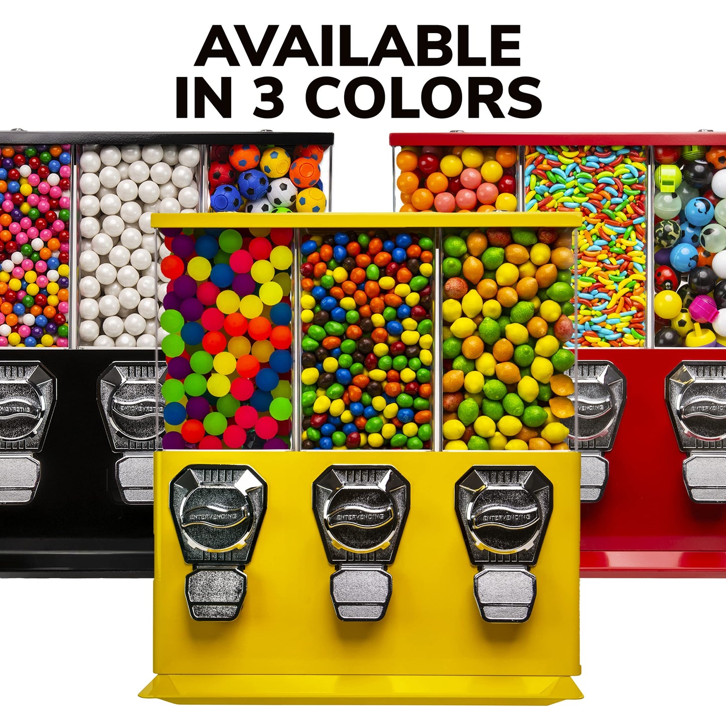 Vending Machine - Commercial Gumball and Candy Machine with Stand - Yellow Triple Vending Machine with Interchangeable Canisters - Coin Operated Candy Dispenser and Gumball Machine - Vending Dispenser