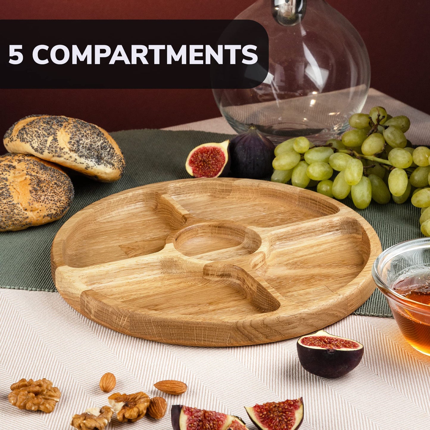 Portion Control Plate 10 inch - Compartment Plates with Dividers for Adults 5 Section Dish - Wooden Plate with Dividers for Adults